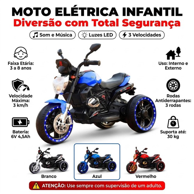 Mini Moto Triciclo Elétrica Infantil Com Luz Farol E Som Música Bateria 6v Recarregável Suporta 30kg