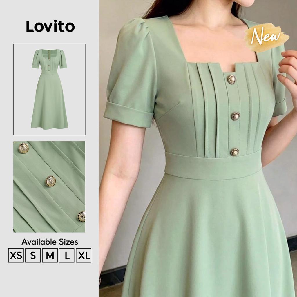 (New Arrival) Lovito Vestido Elegante Plissado com Botões Primavera/verão Verde para mulheres DRB201P1D415