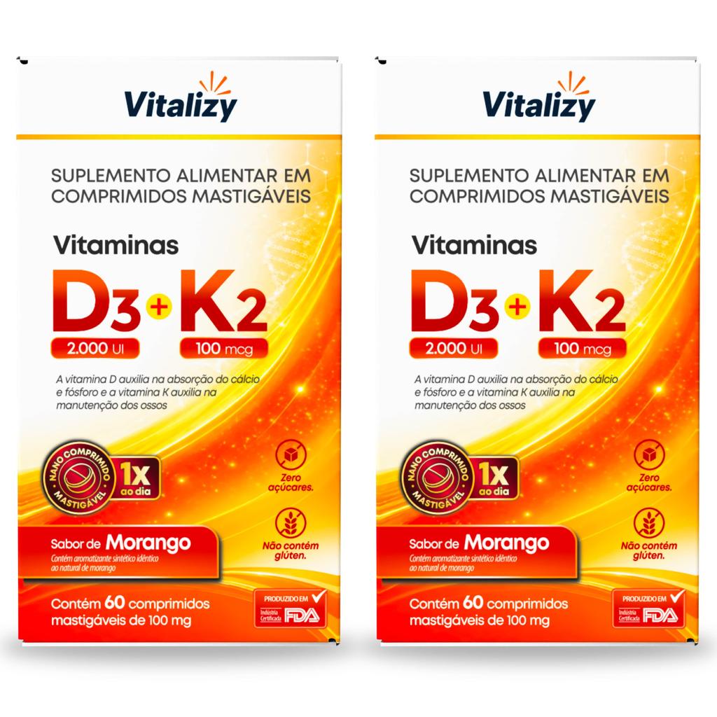 Kit 2x60 Comprimidos Vitamina D3 + Vitamina K2 MK7 Original Sabor Morango Zero Açúcar Sem Glúten Vitalizy