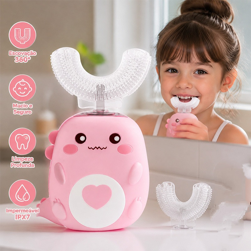 Escova de Dente Elétrica Infantil Formato U 360° para Crianças 2 Modos 2 Cabeças Substituíveis IPX7