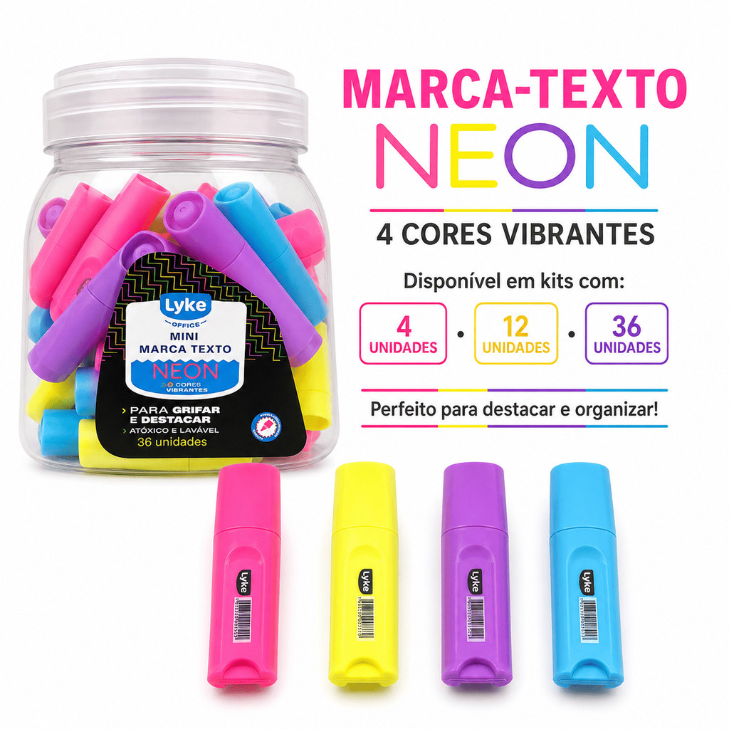Mini Marca Texto Neon Lyke Office 4 Cores Kit 4, 12 ou 36 Unidades para Estudo e Escritório