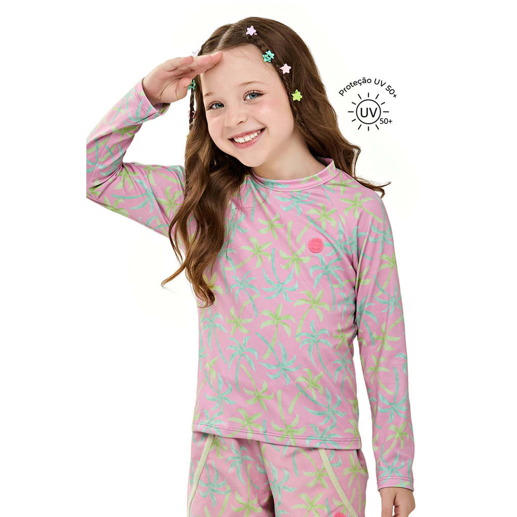 Blusa Infantil Menina Estampada Com Proteção Solar Elian Rosa