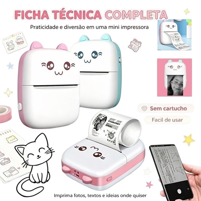 Mini Impressora Térmica Portátil Imprima Fotos e Desenhos Animados Sem Fio para Android e iOS