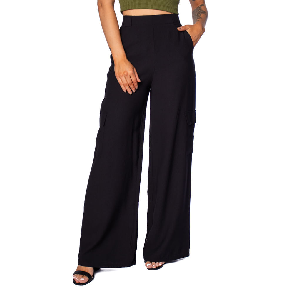 Calça Pantalona Feminina The Style Box com Bolso Cargo Preto