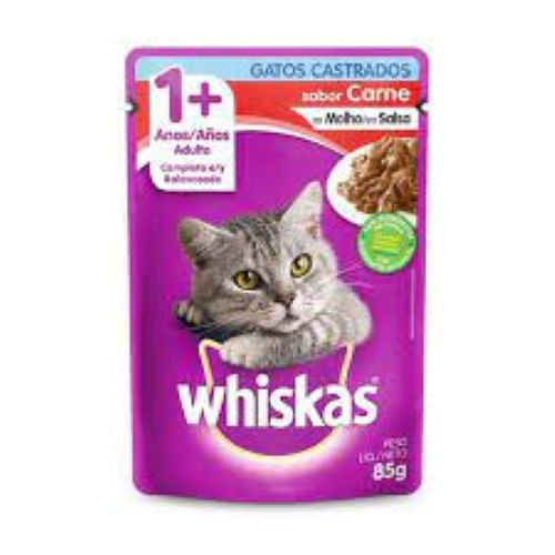 Ração Úmida Whiskas Sachê para Gatos Adultos Castrados sabor Carne ao Molho 85g