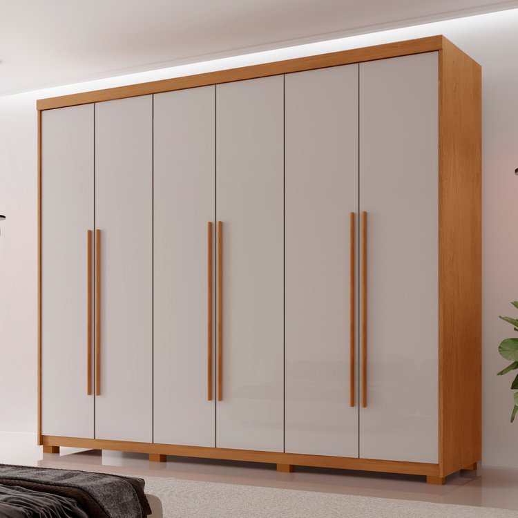Guarda Roupa Casal 6 Portas 2 Gavetas com Pés MDF Veracruz Off White/Marromle Naturalle/Off White