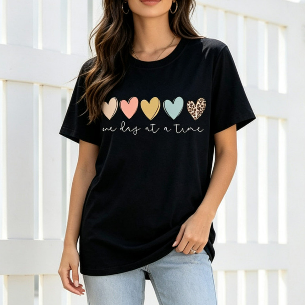 Camiseta Feminina 100% Algodão Com Estampa De Corações Coloridos E Frase Escrita À Mão Confortável Para Uso Diário