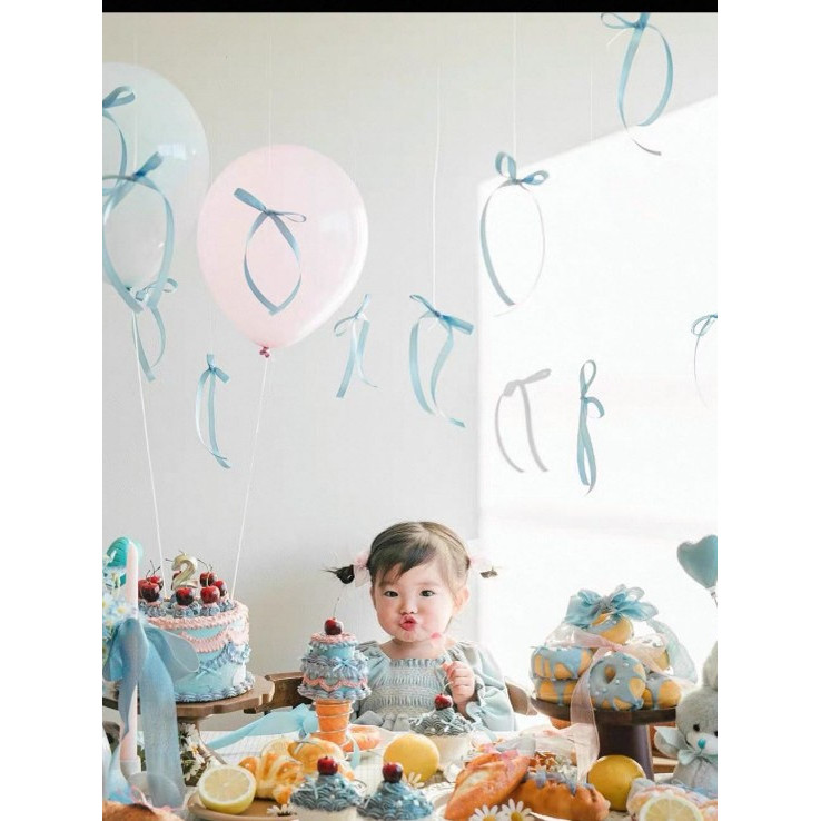 Fita de laço azul festa de aniversário decoração cena Layout foto adereços balão guirlanda
