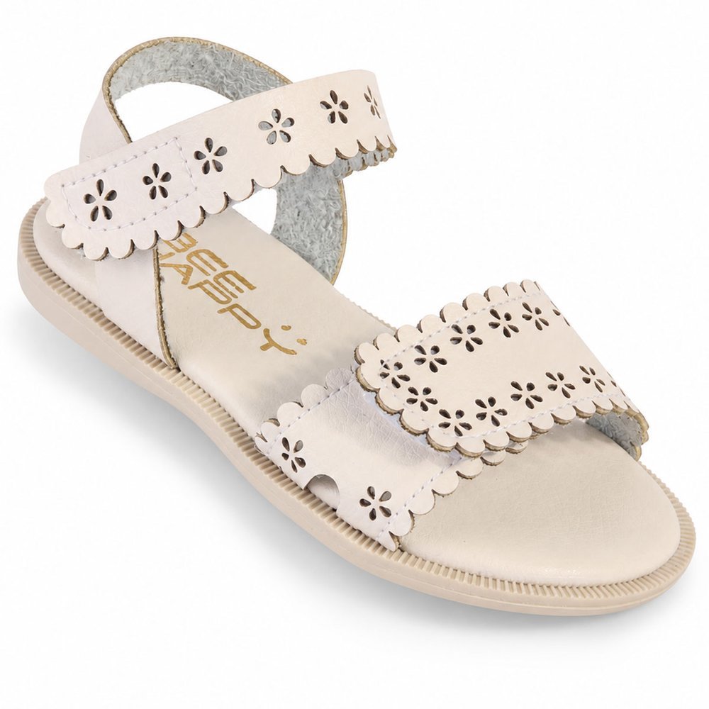 Sandália Rasteira Infantil Menina Bee Happy em Couro Off-White com Recortes a Laser e Velcro
