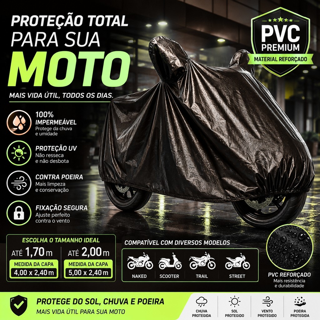 Capa para Moto Impermeável Oxford Forrada Anti UV Protetora Contra Chuva Sol Poeira e Riscos