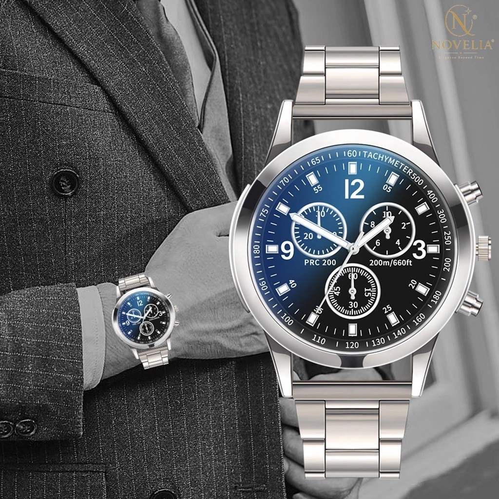 Relógio Masculino Cronógrafo Quartzo Pulseira de Aço Mostrador Azul Estilo Esportivo