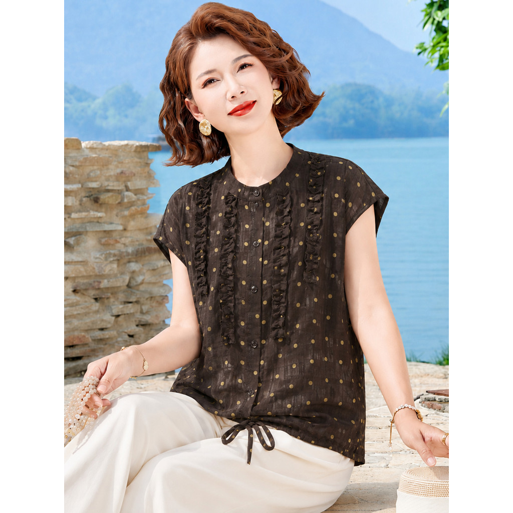 Novo estilo mãe usar bolinhas plissadas em torno do pescoço camisa de manga curta feminina verão moda All-Match camiseta