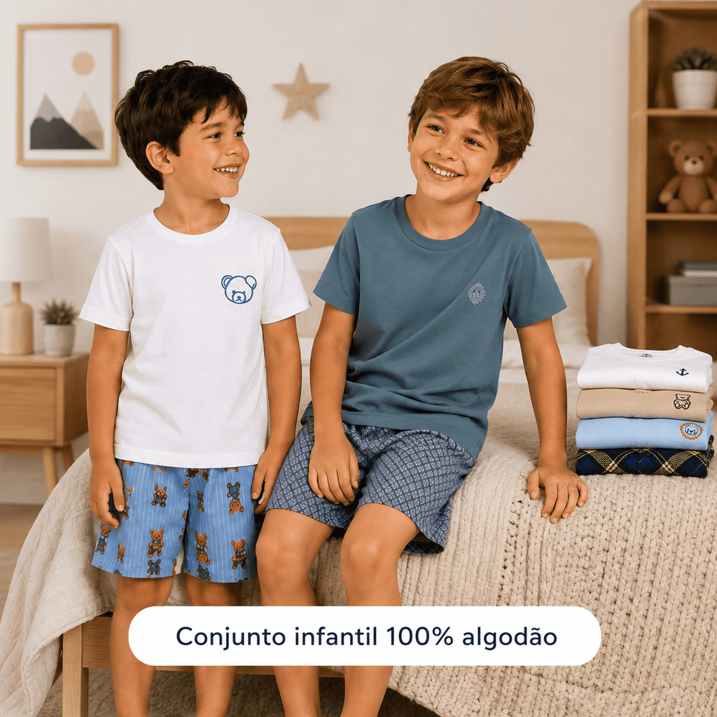 Pijama Infantil Masculino Verão 100% Algodão Macio Camiseta e Shorts Estampas Sortidas 2 ao 16 Anos