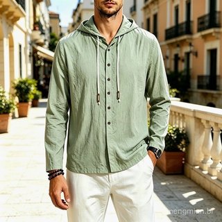 2026 Nova Camisa Masculina de Algodão e Linho com Capuz e Manga Longa, Capuz com Cordão, Casual para Praia, Férias, Viag