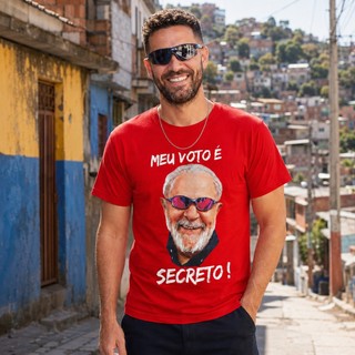 Camiseta Masculina Meu Voto é Secreto PT Eleições Algodão Vermelha Manga Curta Estilo Casual