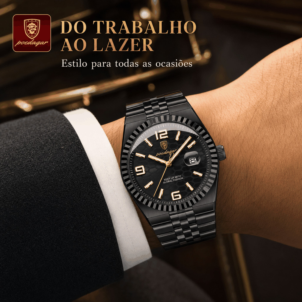 Relógio POEDAGAR 839 Masculino Quartzo Data Pulseira De Aço Resistente À Água 3ATM
