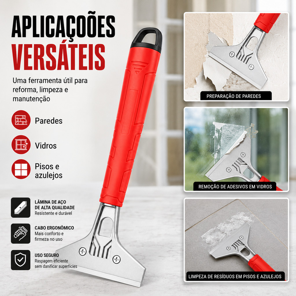 Raspador Multiuso Lâmina de Alumínio Reforçada Remove Cola Tinta Adesivo para Vidro Piso Cerâmica Azulejo