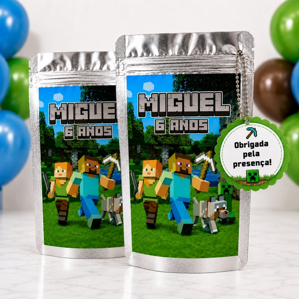Saquinho Metalizado Zip Lock Personalizados Minecraft - Lembrancinhas de festa infantil/Aniversário - LEIA A DESCRIÇÃO