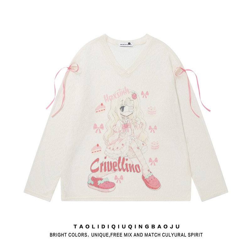 Camiseta feminina de manga comprida com estampa de desenho animado bidimensional, gola em V, primavera solta, Casual, re