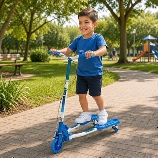 Patinete Infantil Dobrável 3 Rodas LED Azul Guidão Ajustável UNITOOYS