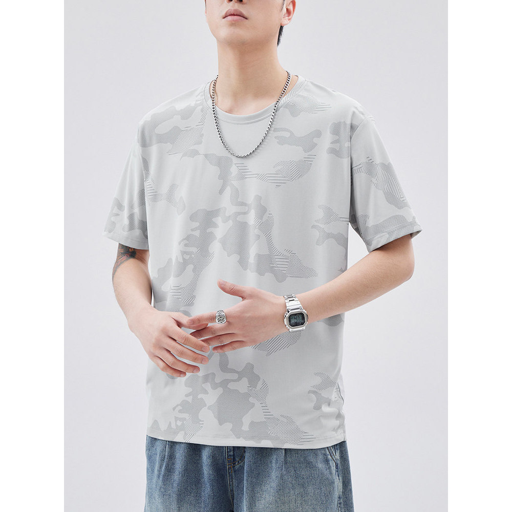 Camiseta masculina de seda gelo respirável de secagem rápida verão fino de manga curta em torno do pescoço roupas superi