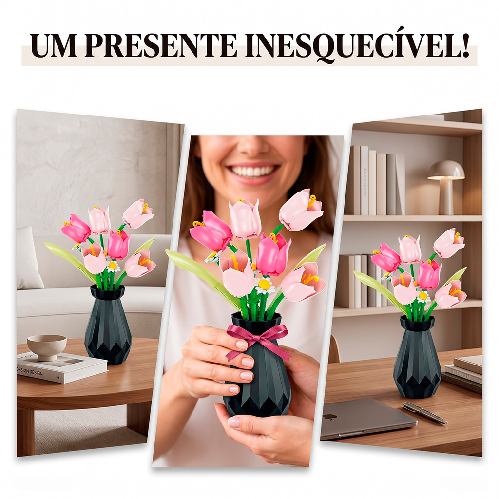 Tulipa Colorida Flor Buquê Bloco De Montar Com Vaso Decoração Presente Artificial Enfeite Casa — imagem 2 de 2