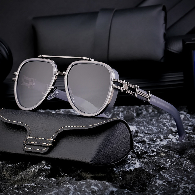 Óculos de Sol Polarizados Quadrados Grandes para Homens, Lentes Estilo Steampunk, Armação de Metal Oval LWKB QMPV