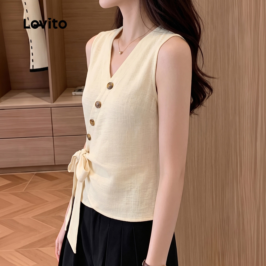 Lovito Top Feminino Elegante Assimétrico com Amarração de Renda Primavera/verão Cáqui claro TKK8P2D1049 · foto 2