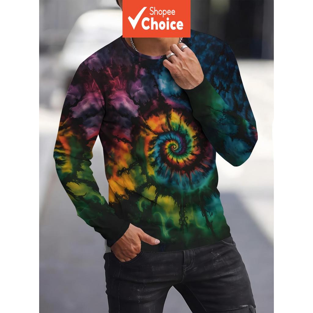 Camiseta masculina casual esportiva de manga longa com estampa 3D, ajuste respirável, lavável à máquina, poliéster