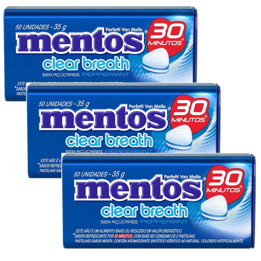 Kit 3 Pastilhas Mentos Kiss Sabor Peppermint Sem Açúcar 35g/cada - 150 unidades