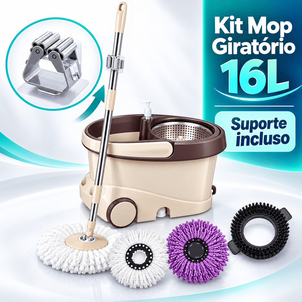 Kit de Limpeza Mop Giratório 360° com Balde 16L, 3 Refis e Suporte para Mop