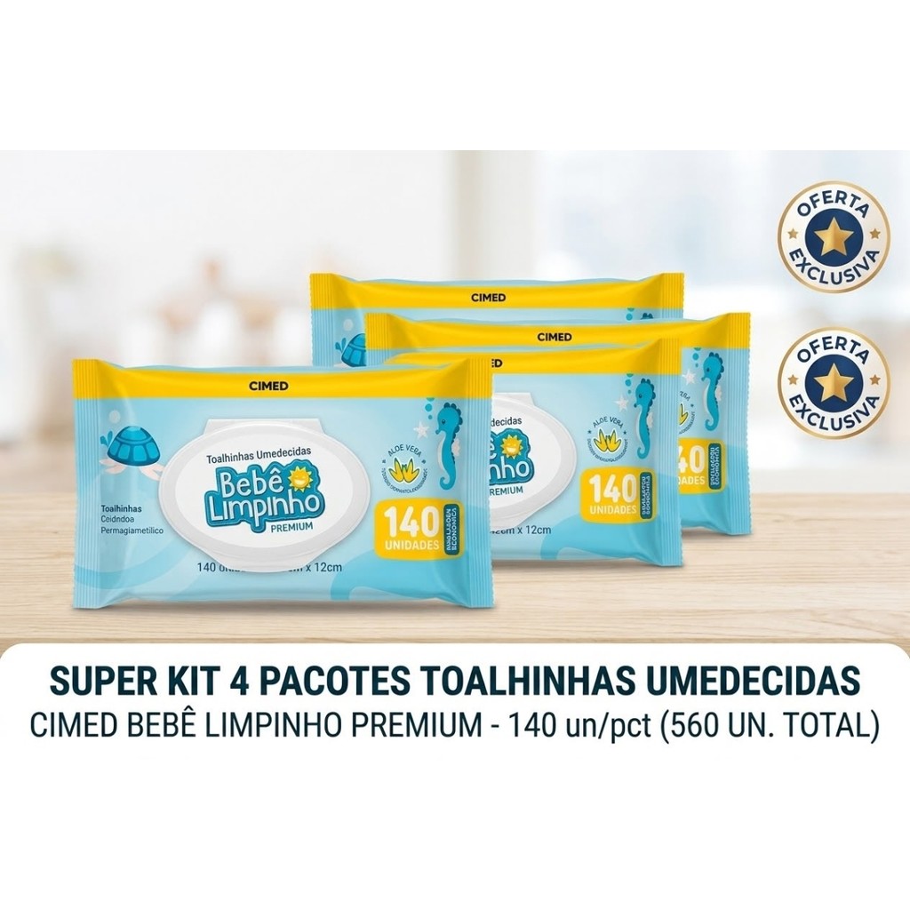 KIT 4 PACOTES LENCOS UMEDECIDOS BEBE LIMPINHO 560 UNIDADES TOALHAS UMEDECIDAS CIMED 