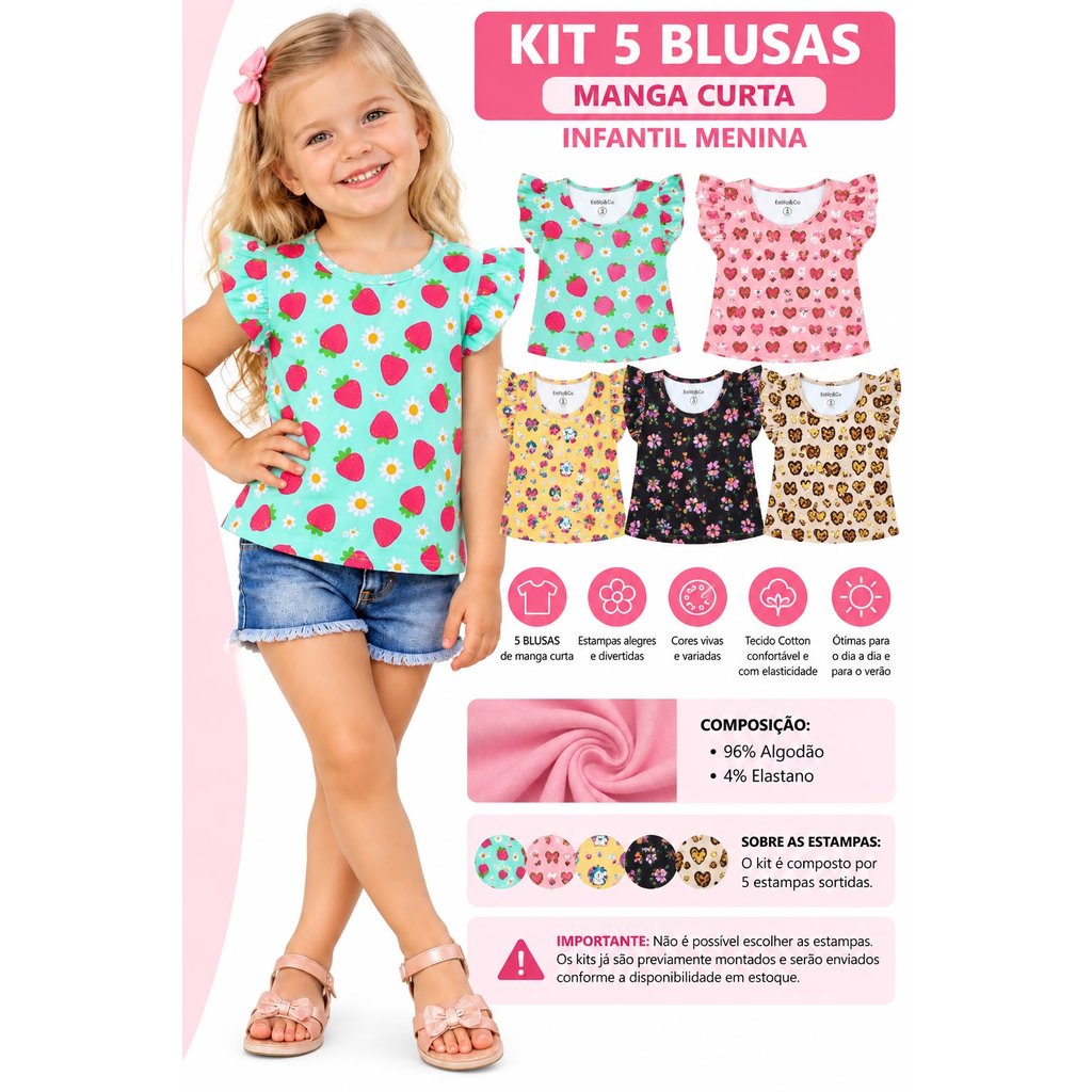 Kit 5 Blusas Camiseta Infantil Menina Manga Fru-fru Estampas Sortidas Cotton Algodão