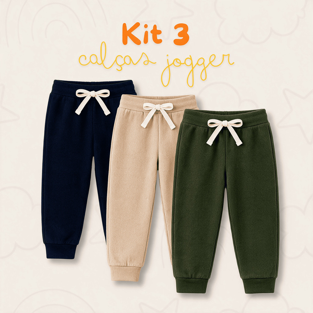 Kit 3 Calças Jogger Canelada Infantil Unissex Algodão com elastano P a 3 Anos
