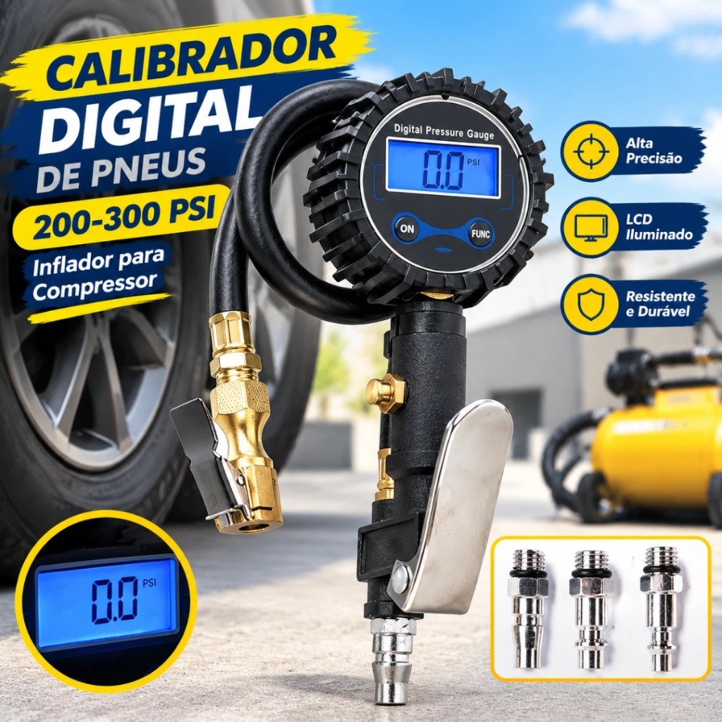 Calibrador Digital de Pneus com Manômetro 200-300 PSI Inflador para Compressor