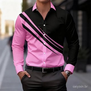 Camisa masculina de manga comprida com listras coloridas, corte slim, estilo casual, elegante e original, ideal para o d