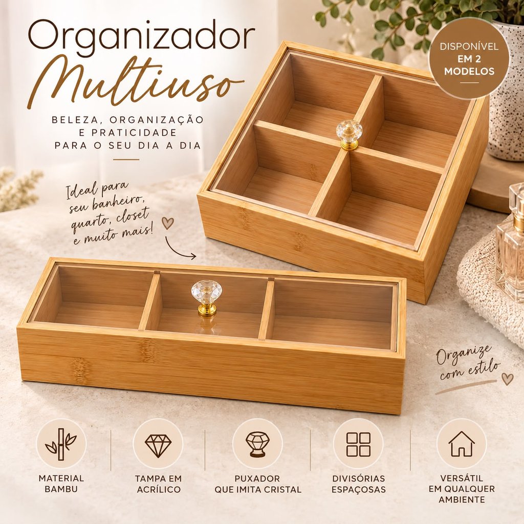 Organizador Porta Chá de Bambu com Divisórias | Caixa para Sachês de Chá e Especiarias