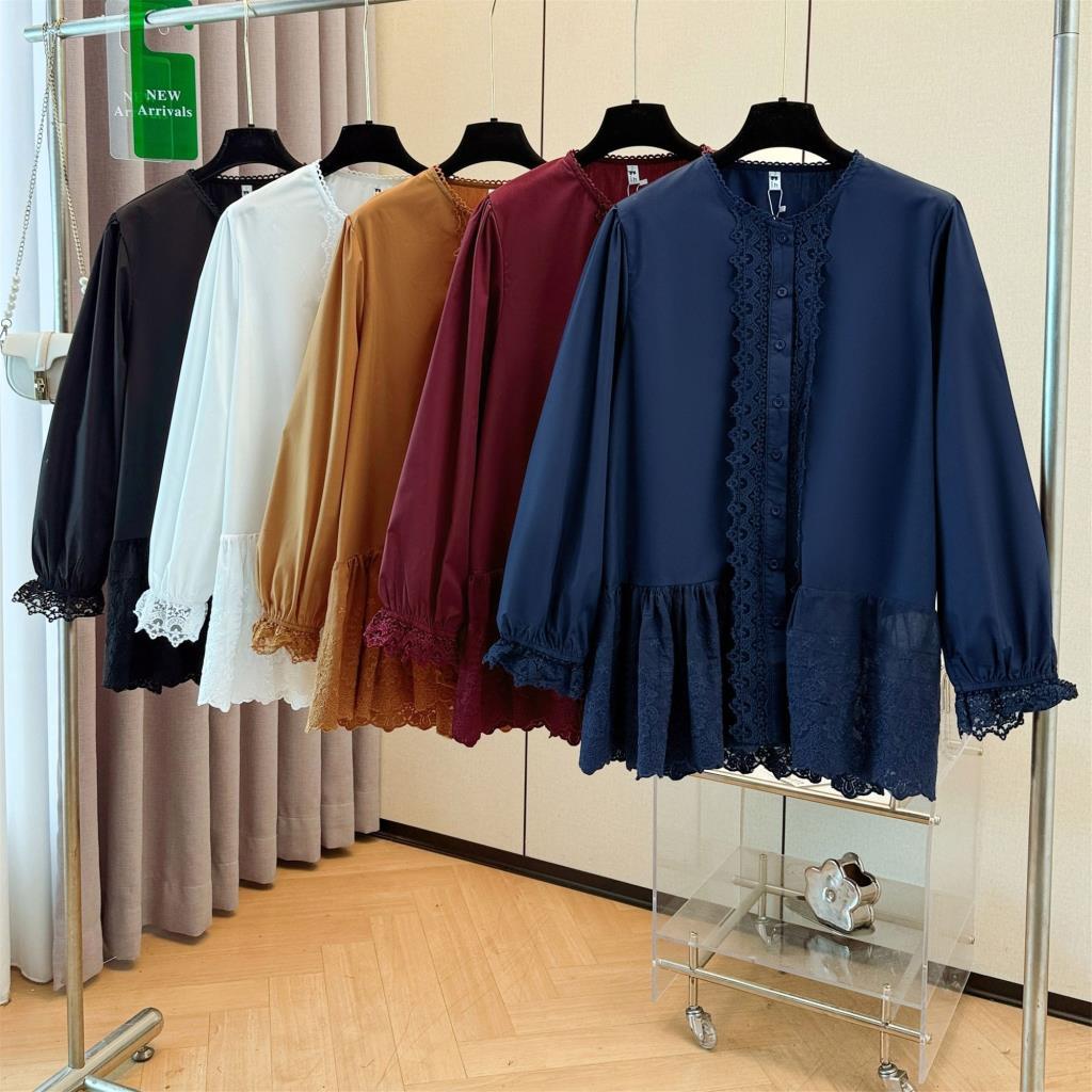 Renda costura renda Puff manga camisa feminina 2025 outono Plus Size gordura mm Hanli coreano