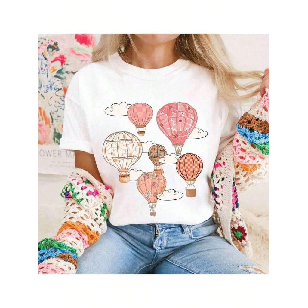 Tshirt Feminina Estilosa Estampada 6 Balões Diferentes Estampada Lançamento Camiseta 100% Algodão Camisetão Solta