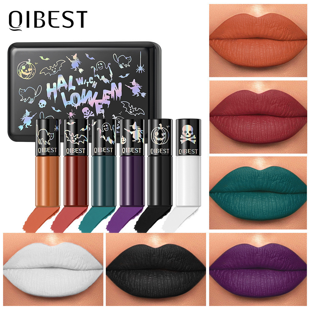 [Estoque pronto] QIBEST Halloween Matte Lip Glaze Set Batom Vampiro Veludo Não Desbotado Maquiagem Labial WJG20260915