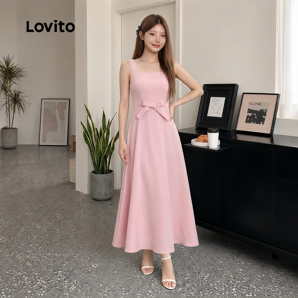 (Elegante) Lovito Vestido com Laço Na Frente para Primavera/verão Rosa para Mulheres L179AD044