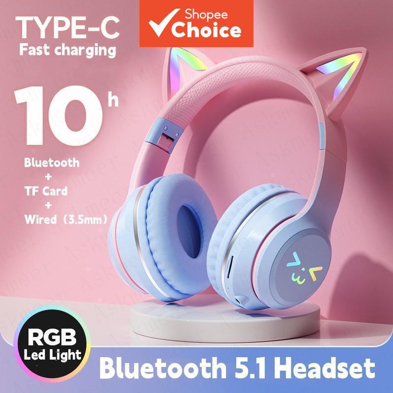 Fones de ouvido BT612 azuis sem fio HIFI para música, com orelhas de gato, Bluetooth para jogos, redução de ruído e