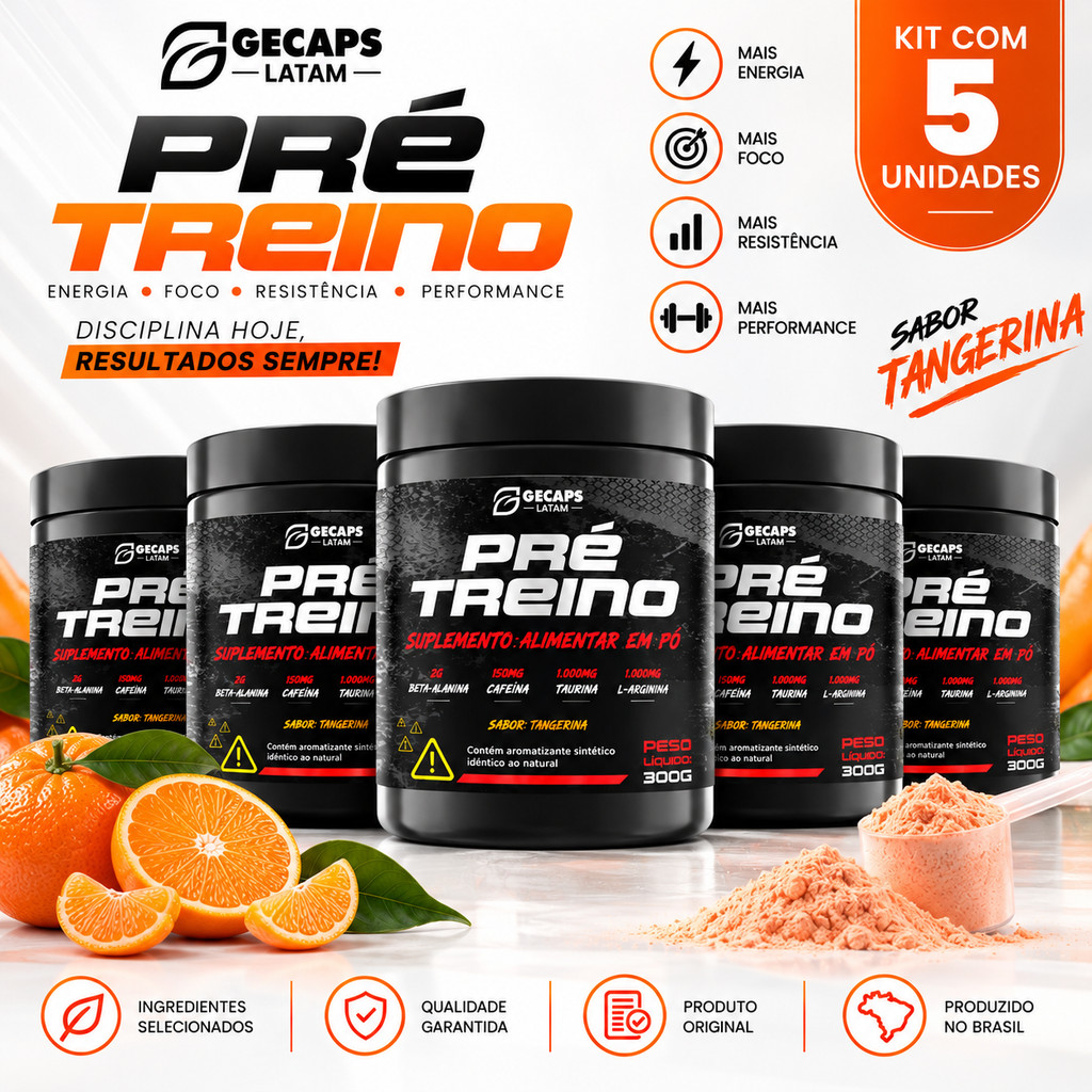 5X Pré Treino GL 300g S/Tangerina | Beta-Alanina Cafeína Taurina L-Arginina