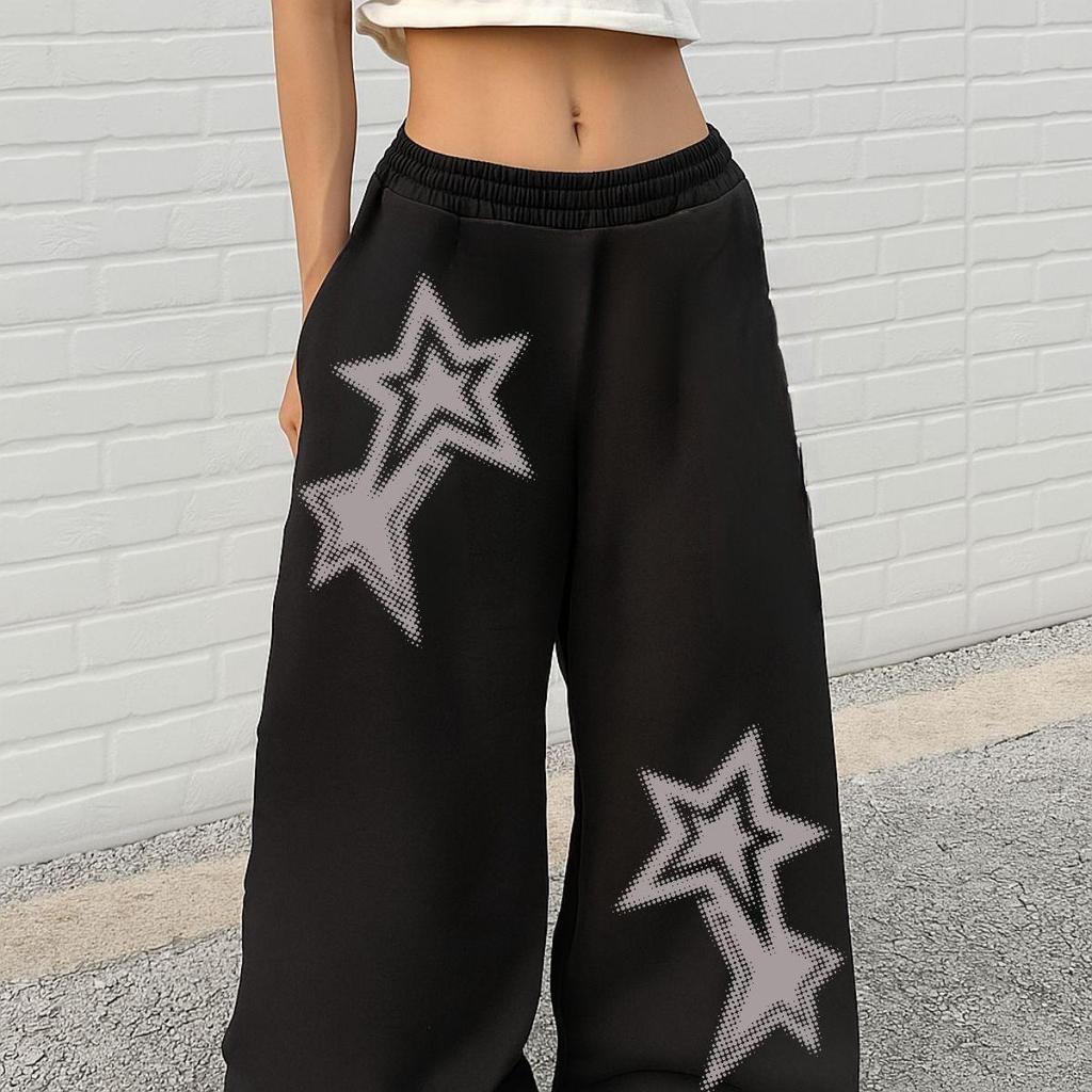 Calça Wide Leg Feminina de Moletom Baggy Pantalona Oversized Streetwear Y2K estampada Confortável Moda Urbana