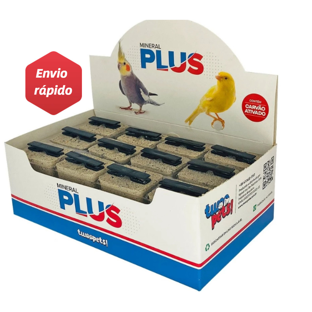 Pedra de Cálcio Mineral Plus P/ Pássaros Calopsita Canário Periquito Cx 24un 32g C/ Sabor Suplemento Mineral