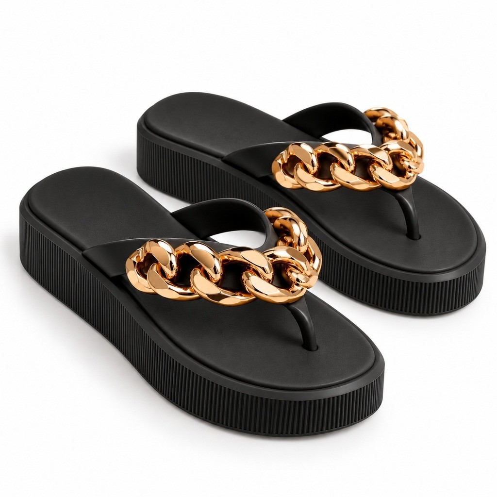 Chinelo de Dedo Feminino Plataforma Capri Corrente Dourada EVA Flatform Nuvem Leve Elegante Moda Praia Piscina