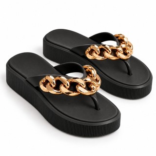 Chinelo de Dedo Feminino Plataforma Capri Corrente Dourada EVA Flatform Nuvem Leve Elegante Moda Praia Piscina