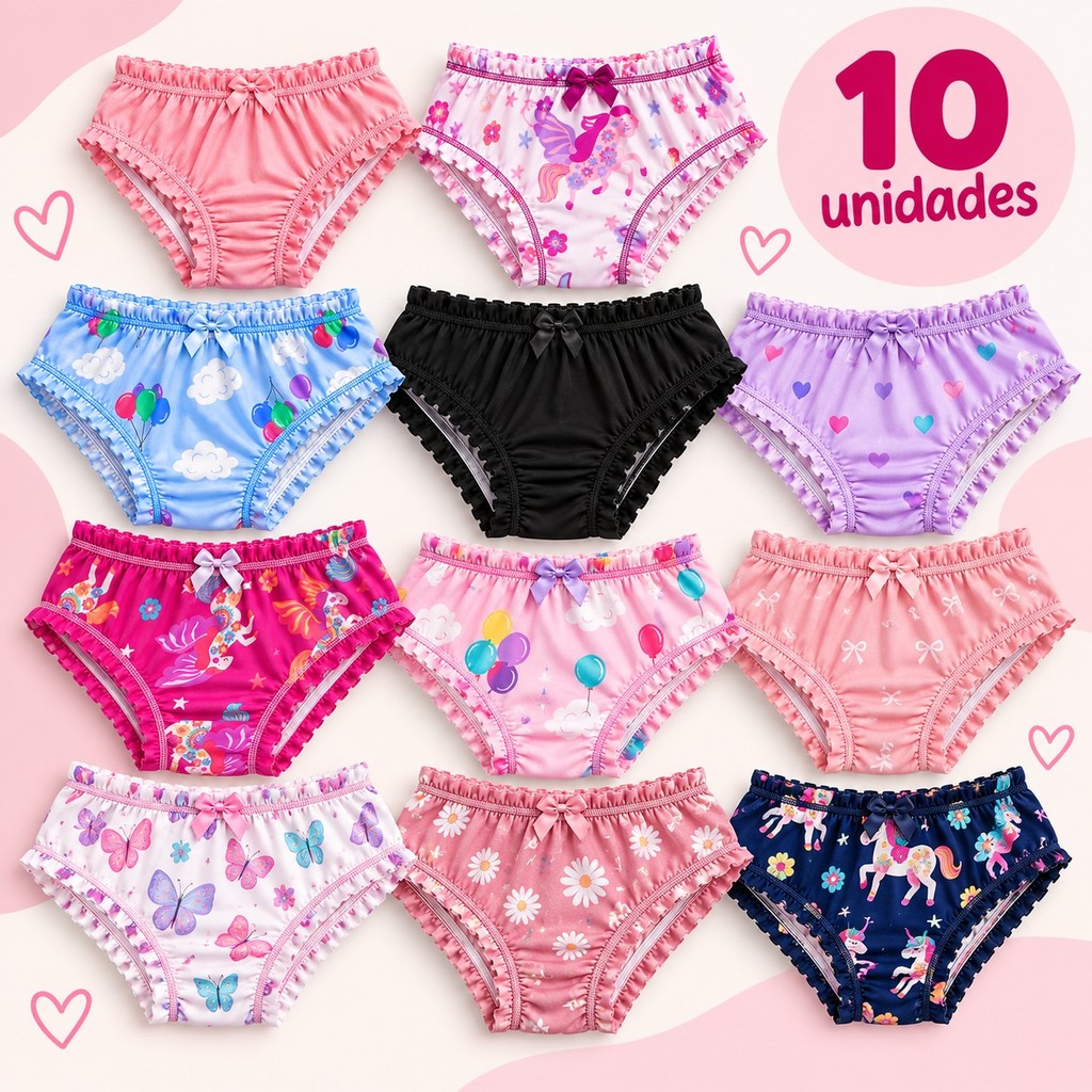 Kit 10 Calcinhas Infantis Menina Lisas e Estampadas Sortidas Forro Algodão M G GG