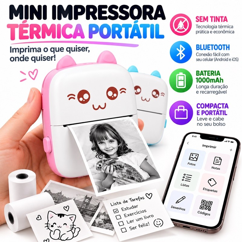 Mini Impressora Térmica Portátil De Bolso Impressão Sem Fio Fotos Notas Bluetooth Para Android Ios ATLAS