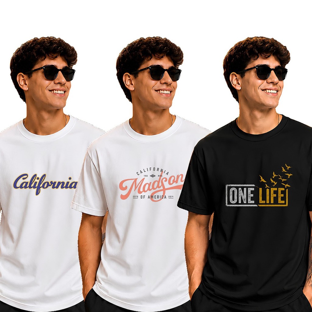 Kit 3 Camisetas Masculinas 100% Algodão Estampadas Califórnia One Life Pássaros Viagem Streetwear Retrô